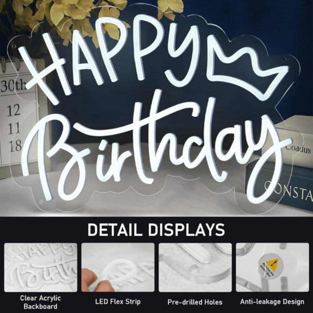 New Happy Birthday Neon Sign, Cool White LED USB Light for Party & Wall Decor - Picture 2 of 7